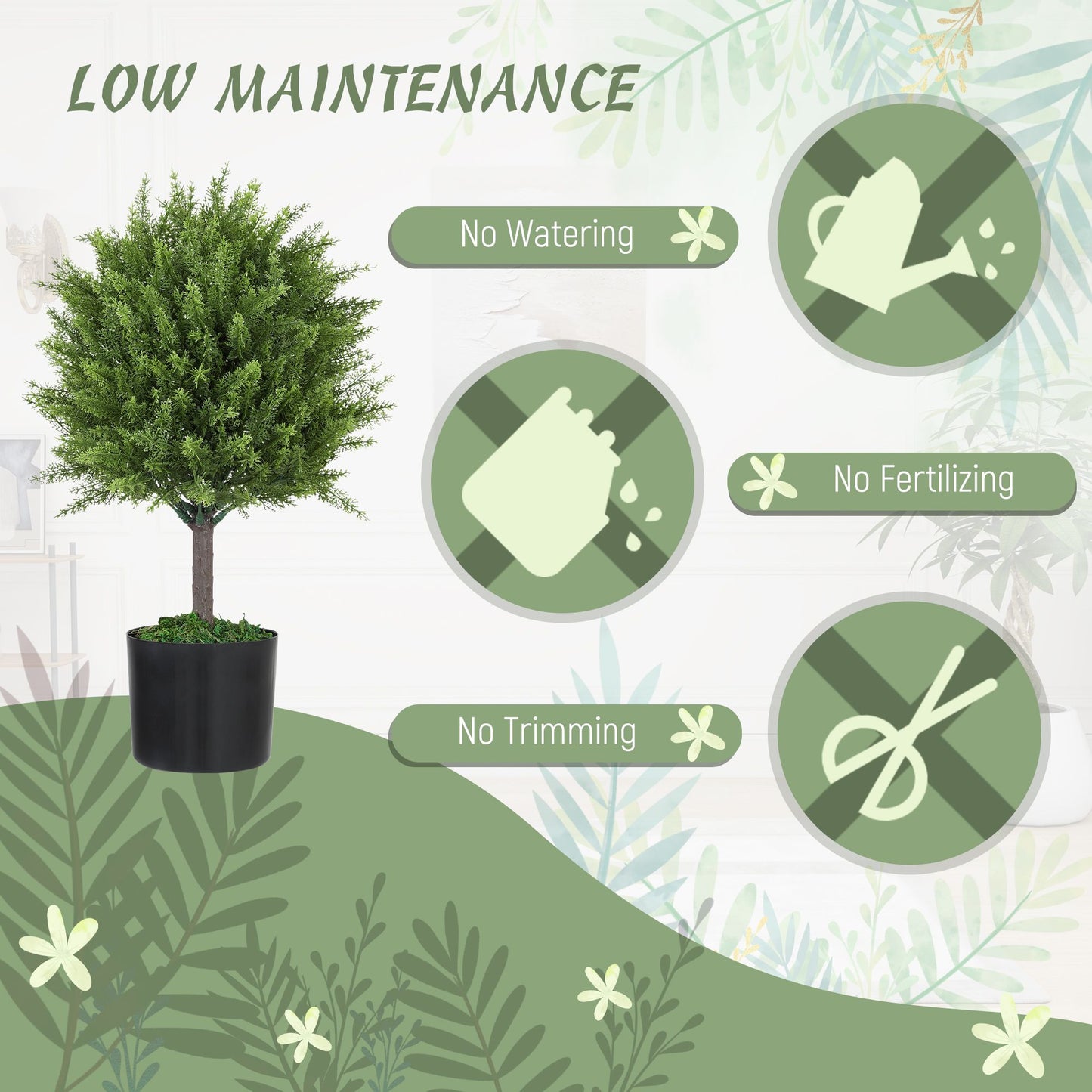 Indoor outdoor fake plants tree in black pot with no watering, no fertilizing, and no trimming needed