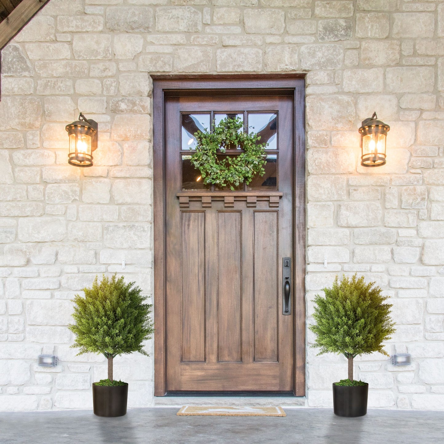 Two green indoor outdoor fake plants in black pots flanking a wooden door with a wreath and wall lanterns