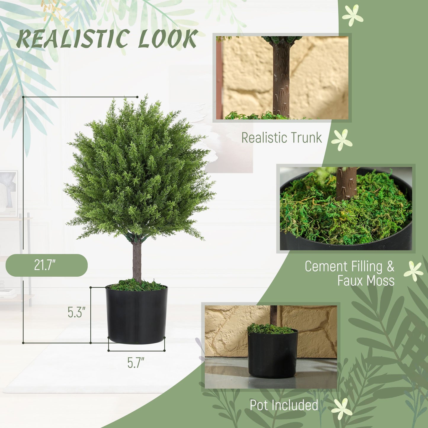Realistic indoor outdoor fake plants with detailed trunk, faux moss, cement filling, and included black pot