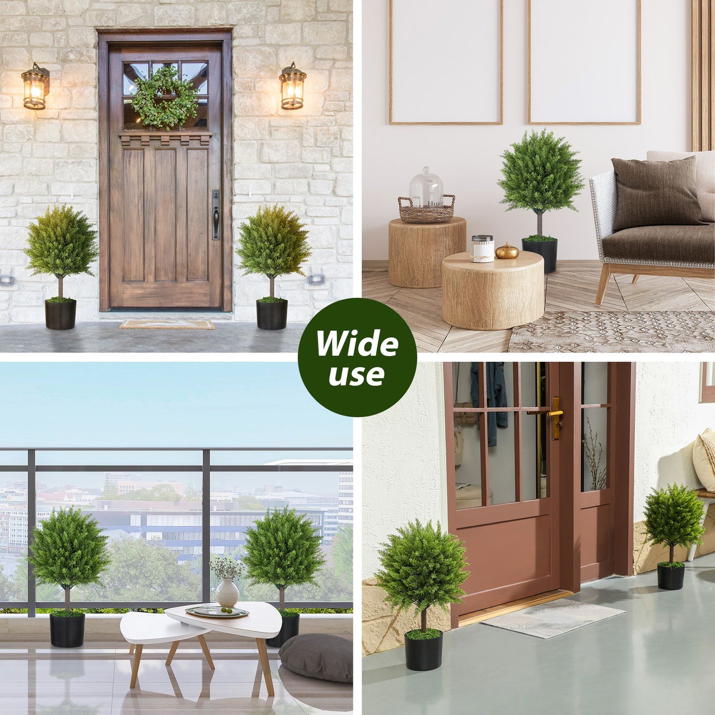 Indoor outdoor fake plants displayed in various settings including porch, living room, balcony, and entrance for versatile decor