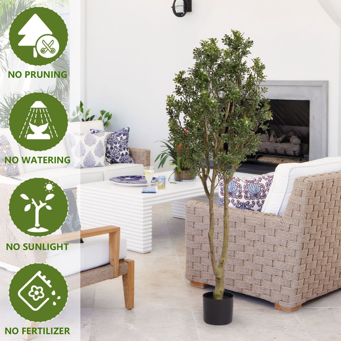 Large artificial plants in a stylish living room, perfect for indoor decor without maintenance
