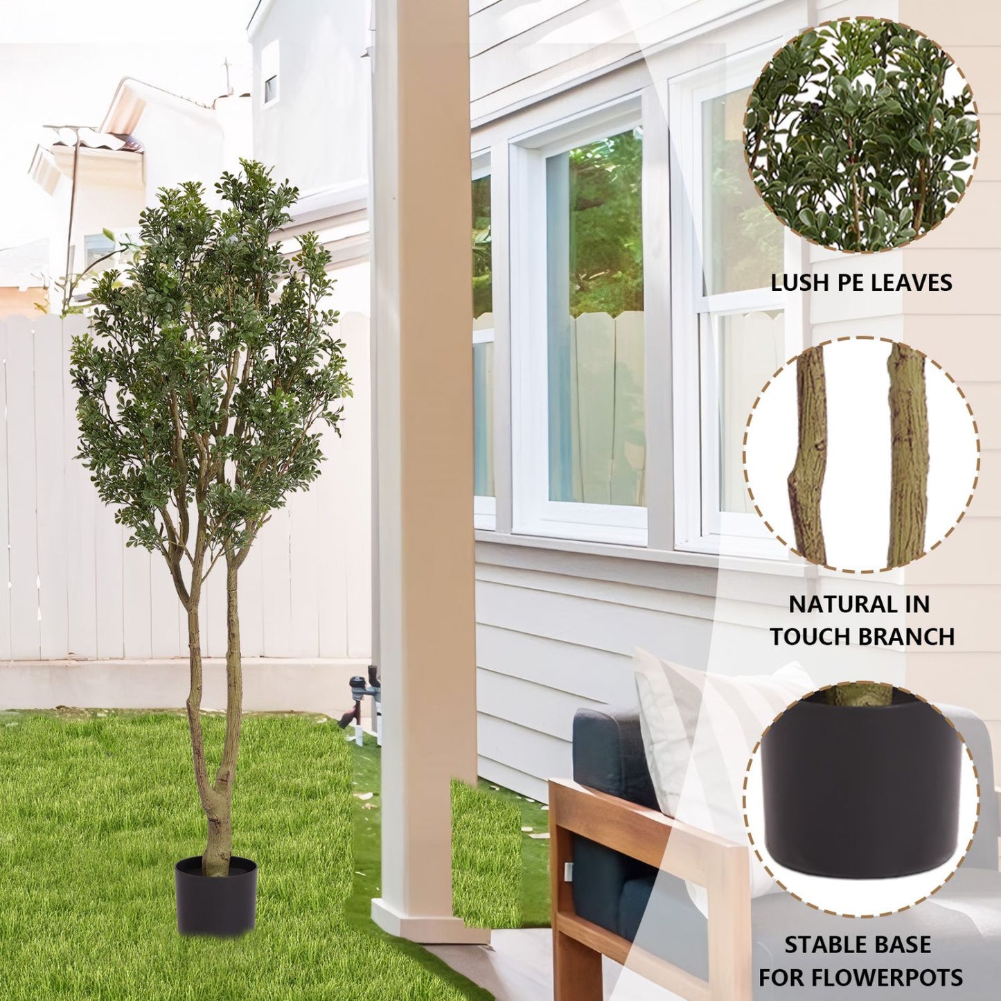 Large artificial plants with lush PE leaves, natural touch branches, and stable base for flowerpots