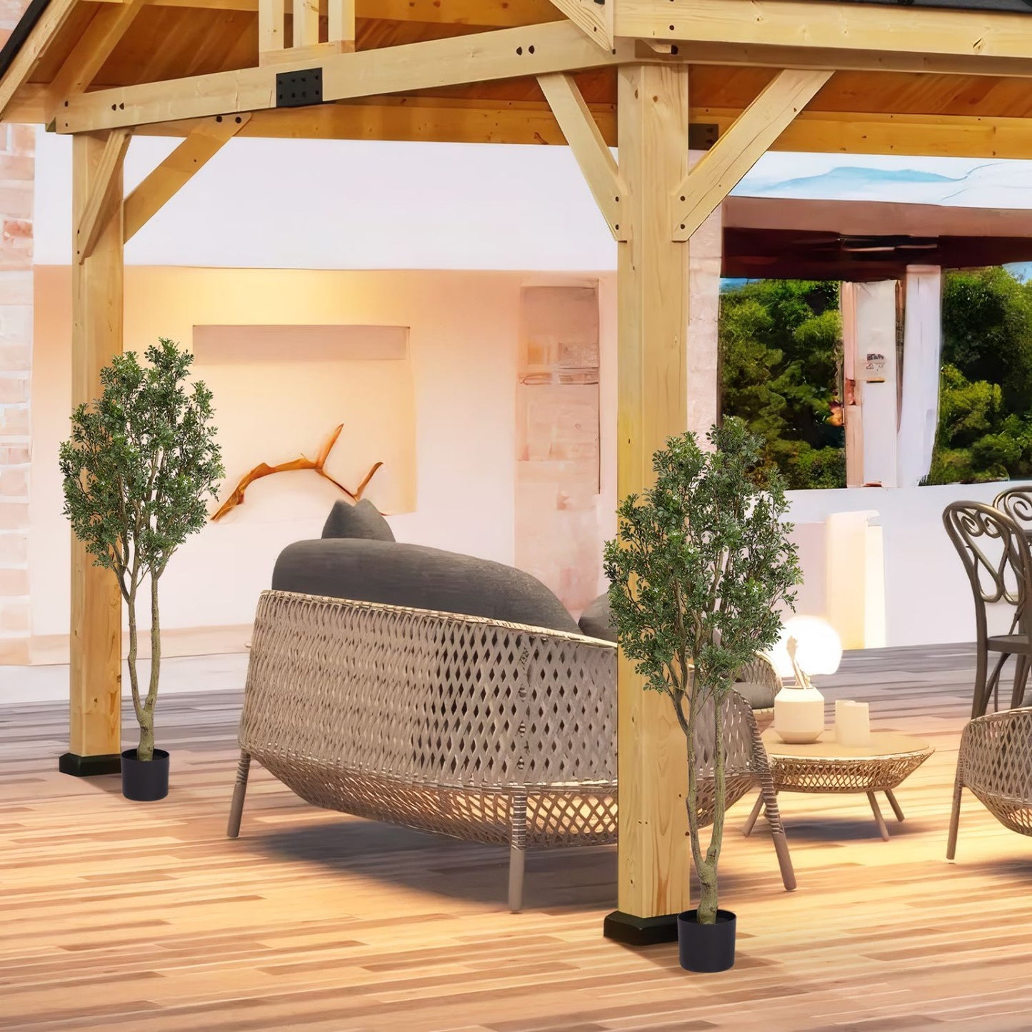 Large artificial plants enhancing a modern outdoor seating area with stylish furniture
