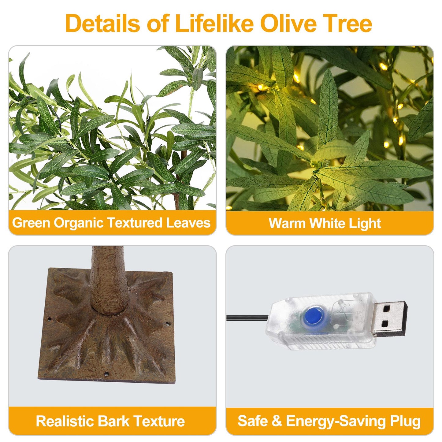 LED olive tree decor showing green textured leaves warm white lights realistic bark and USB energy-saving plug