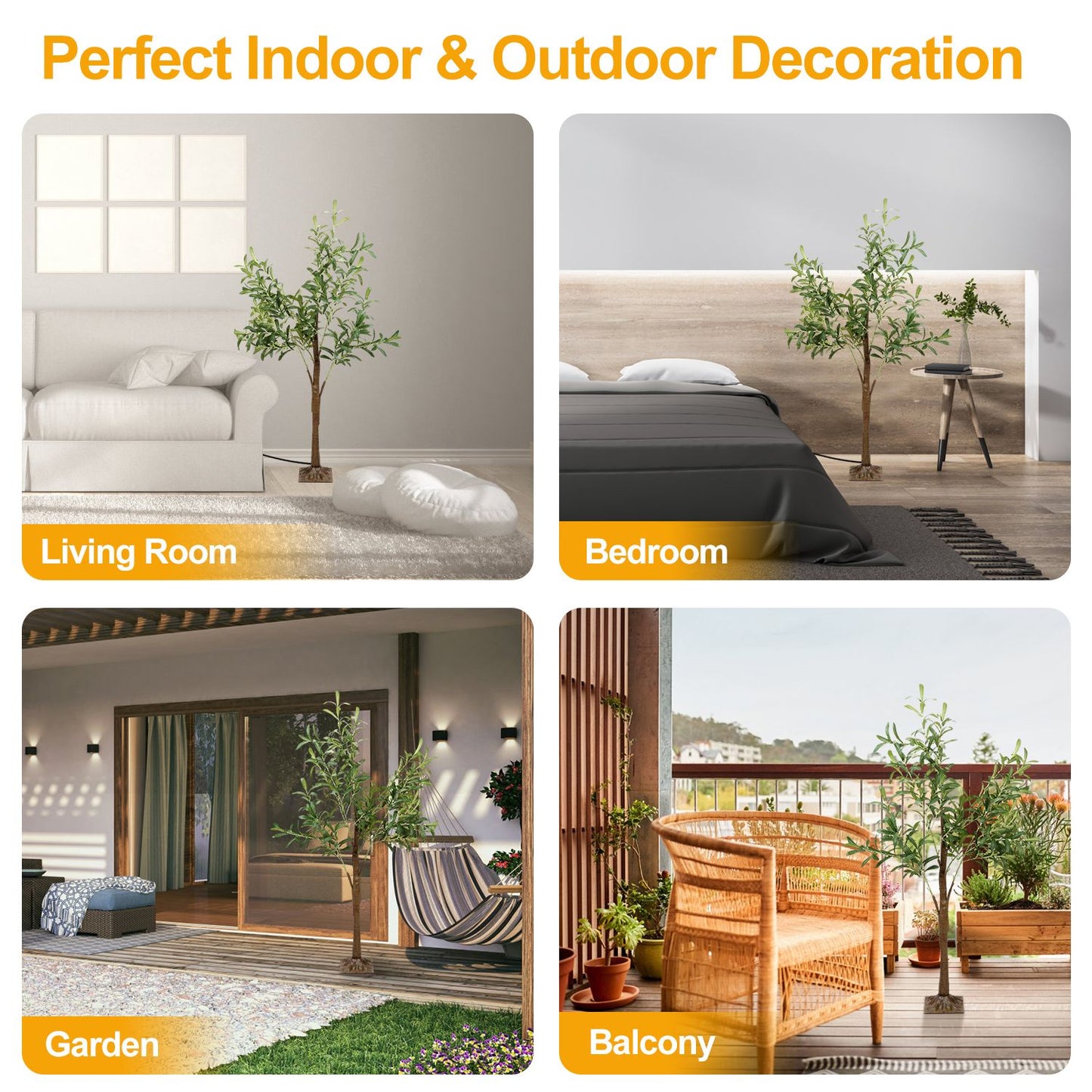 LED olive tree decor displayed in various settings including living room, bedroom, garden, and balcony for indoor and outdoor use