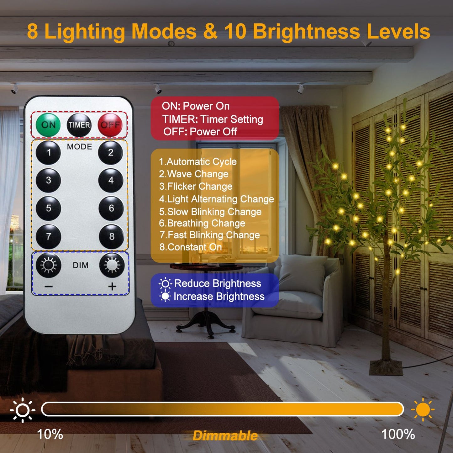 LED olive tree decor with remote showing 8 lighting modes and 10 brightness levels in a cozy living room setting