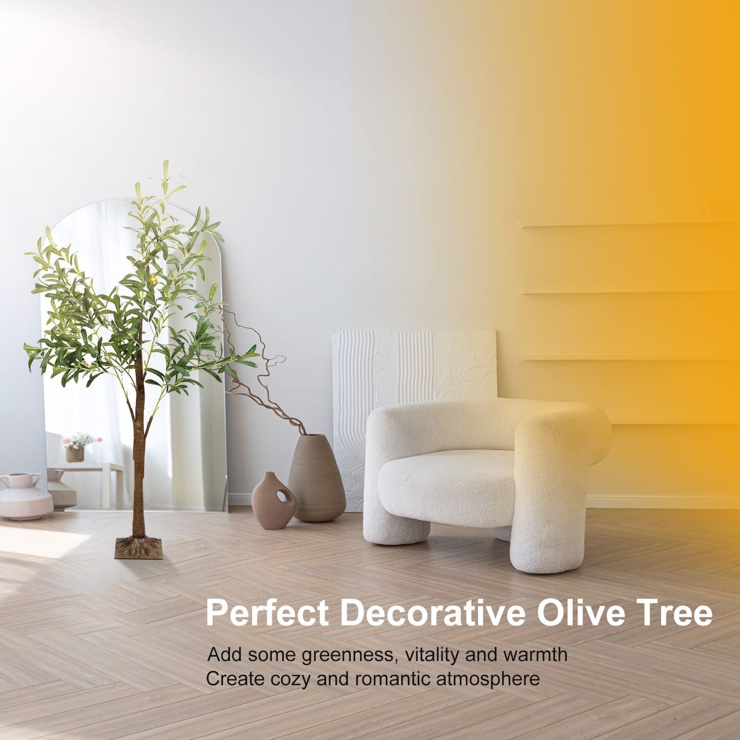 LED olive tree decor placed in a modern living room near a white armchair and decorative vases