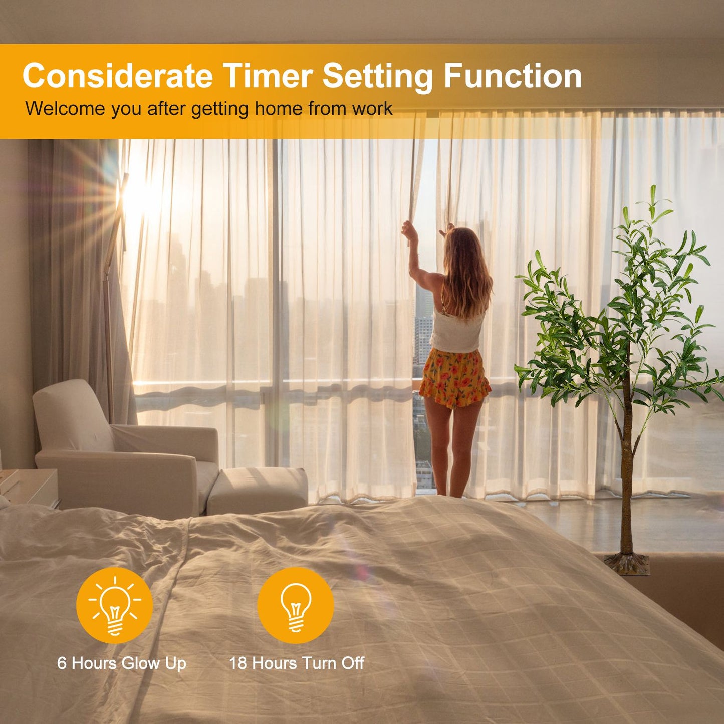 LED olive tree decor in bedroom near window with natural sunlight and timer setting function