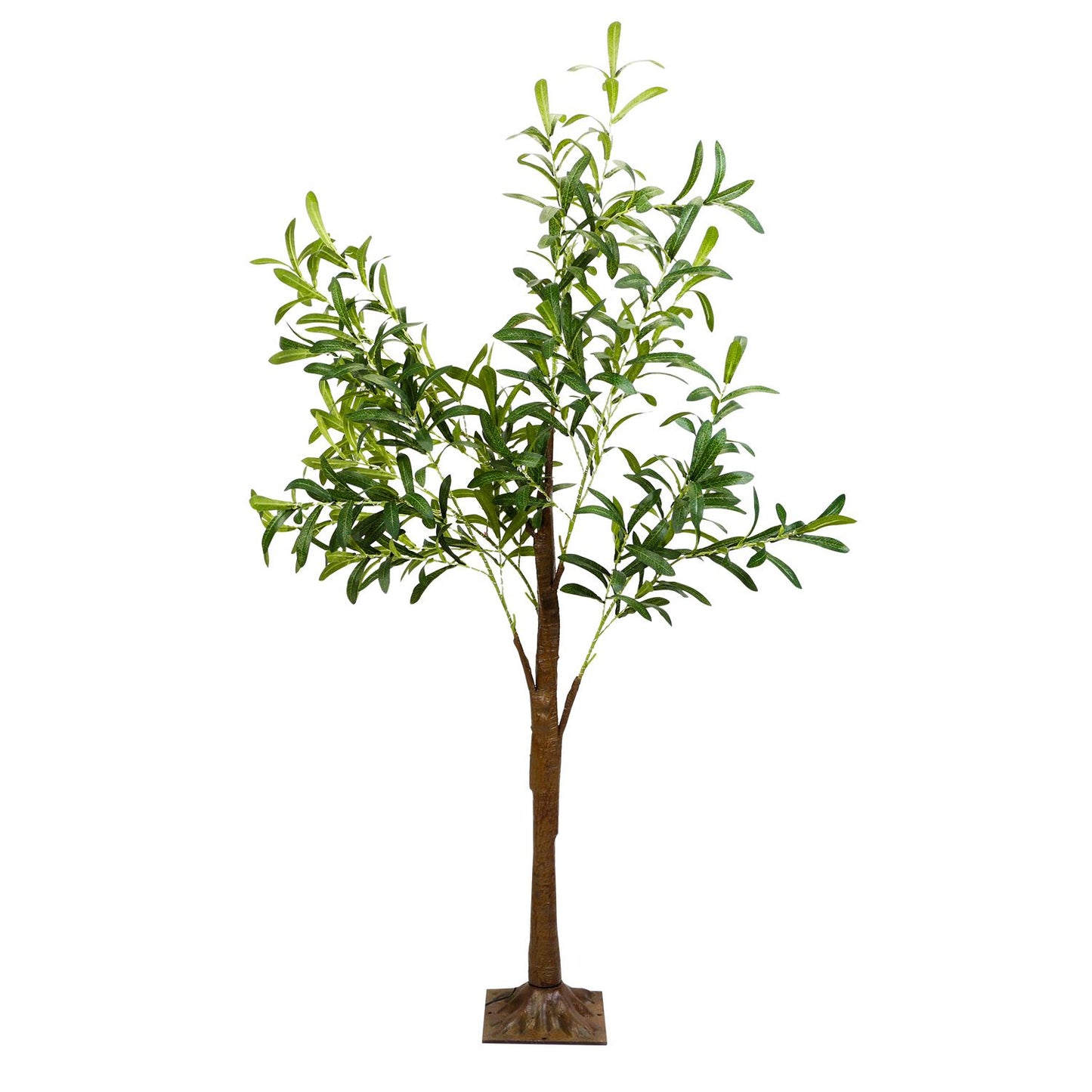 LED olive tree decor with realistic green leaves and brown trunk on a square base