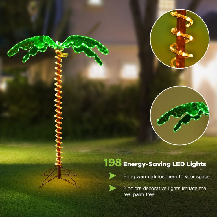 LED palm tree decor with green leaves and orange trunk illuminated by 198 energy-saving LED lights