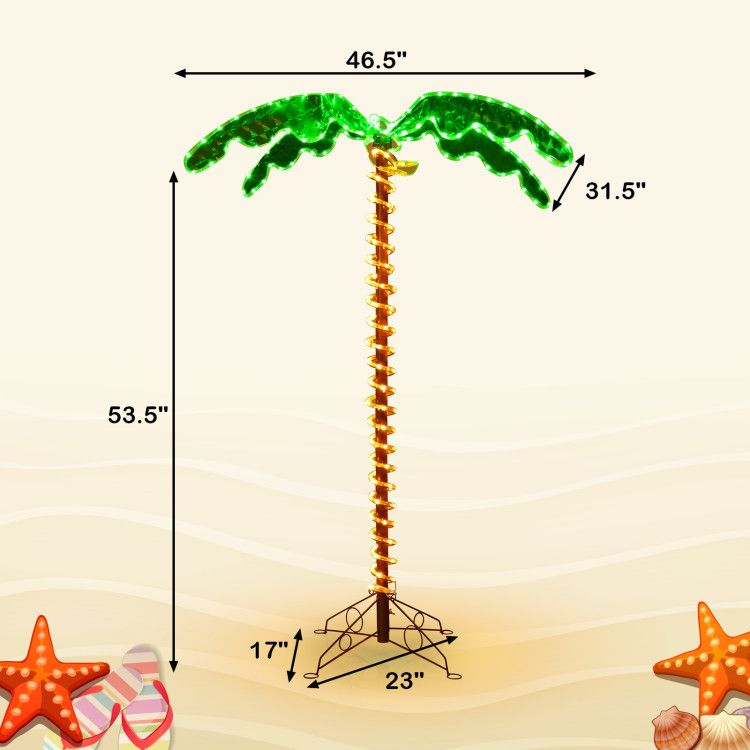 LED palm tree decor from FauxMart.com with green leaves and golden trunk measuring 53.5 inches tall