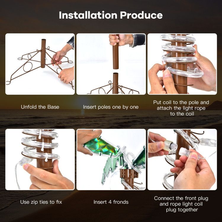 Step-by-step installation process for LED palm tree decor with base unfolding, pole insertion, coil attachment, zip ties, fronds, and light plug connection