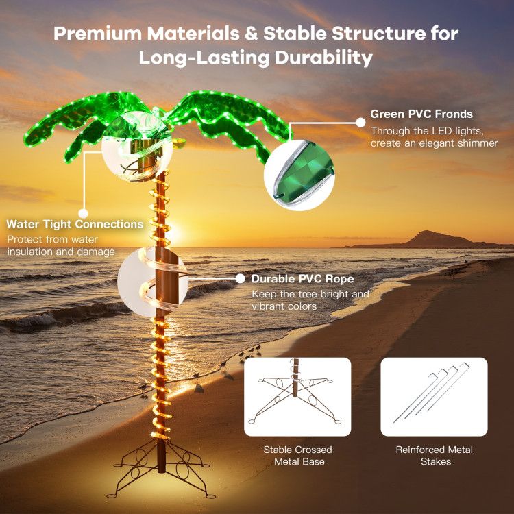 LED palm tree decor with green PVC fronds and durable rope lighting on beach sunset background