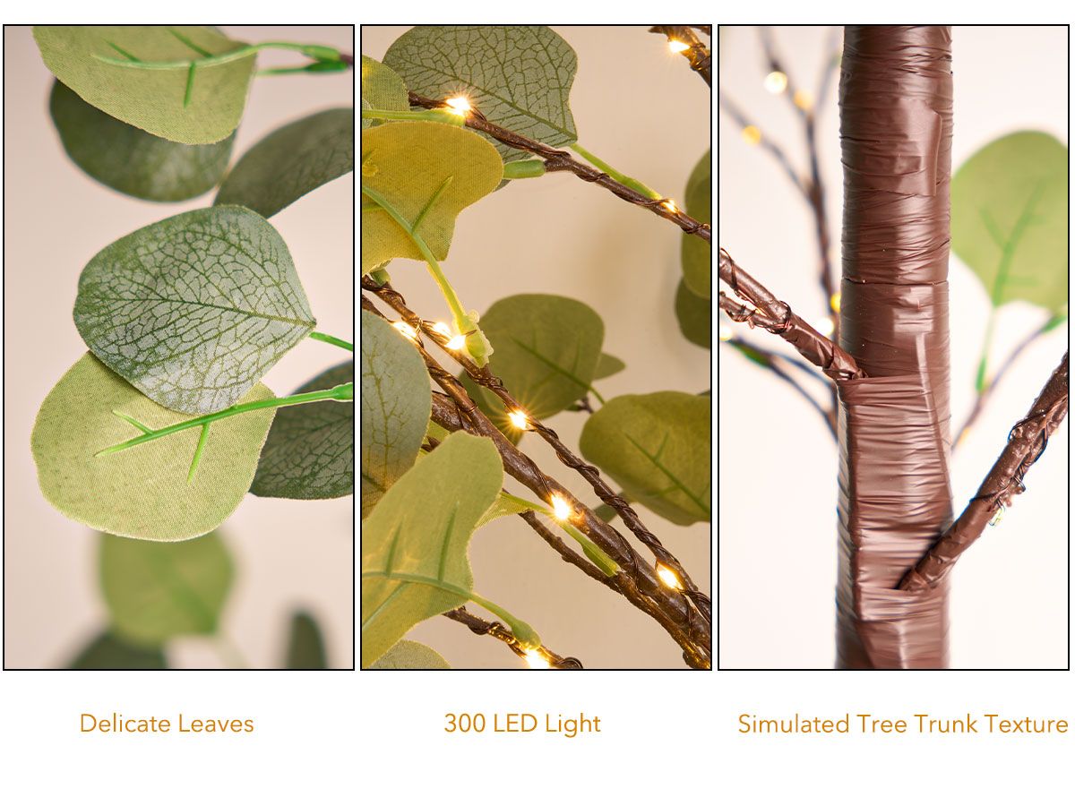 Close-up details of lighted artificial olive tree showing delicate leaves 300 LED lights and textured tree trunk