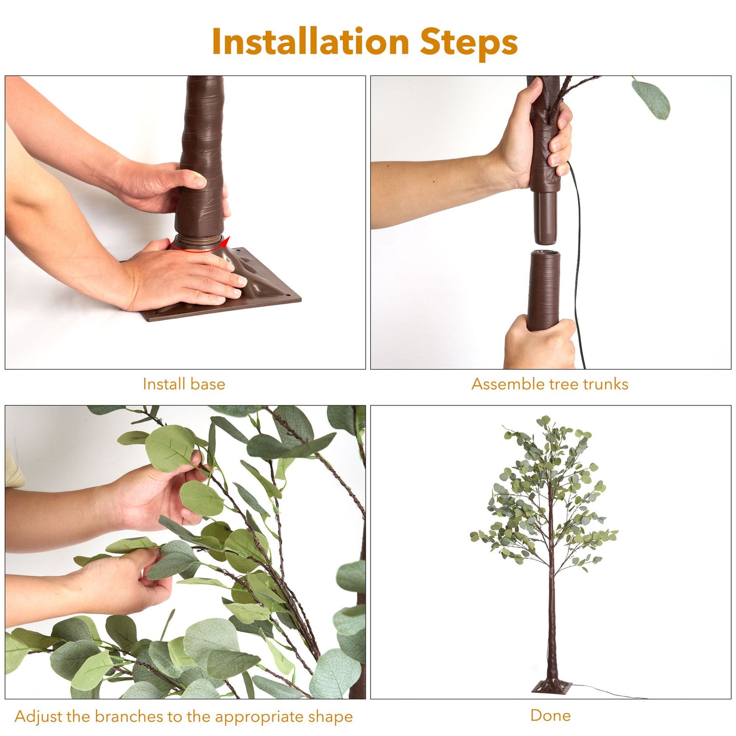 Step-by-step installation of lighted artificial olive tree with base, trunk assembly, branch adjustment, and final setup