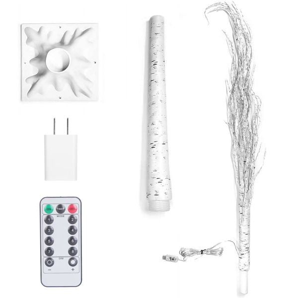 Lighted birch tree decor with remote control, white base, plug adapter, and detachable branches