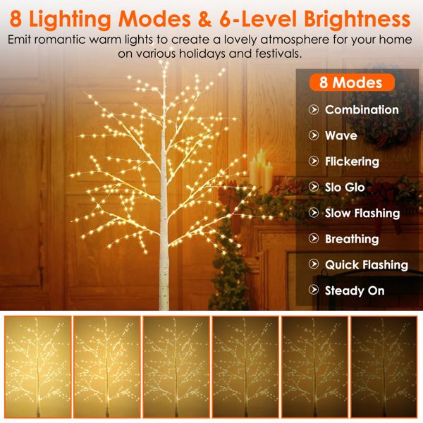 Lighted birch tree decor with 8 lighting modes and 6-level brightness for home ambiance