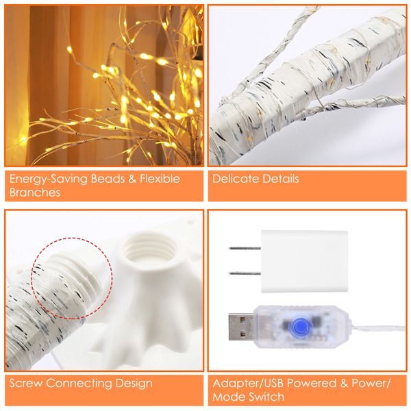 Lighted birch tree decor with energy-saving beads, flexible branches, screw connecting design, and USB powered adapter