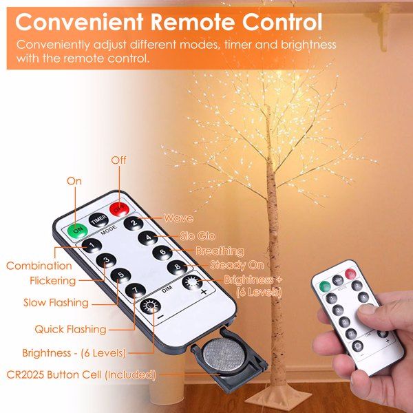 Lighted birch tree decor with remote control showing adjustable modes and brightness levels