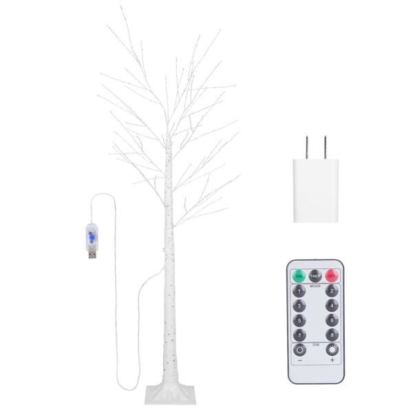 Lighted birch tree decor with remote control and USB adapter for adjustable lighting effects