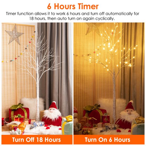 Lighted birch tree decor with timer feature showing off and on modes with Christmas gifts and Santa figurines