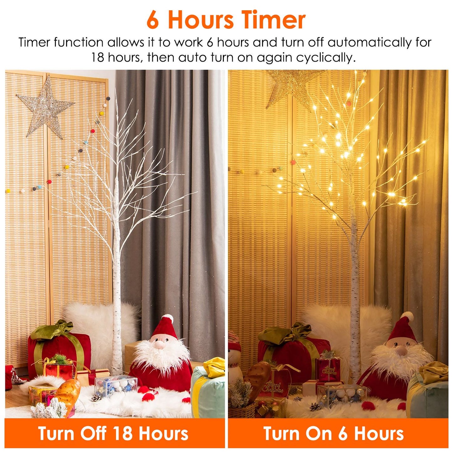 Lighted birch tree decoration with timer function and warm white lights for festive ambiance