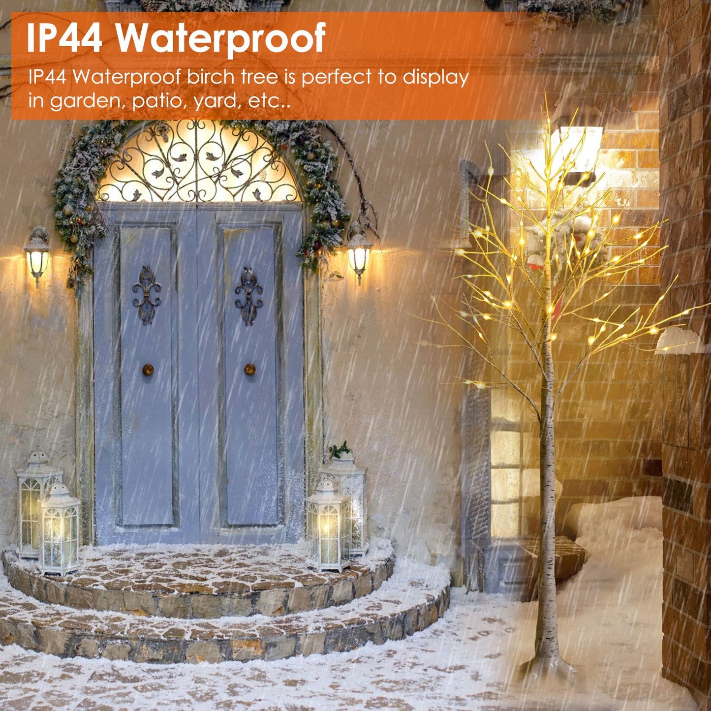 Lighted birch tree decoration in snowy garden setting, perfect for enhancing outdoor spaces