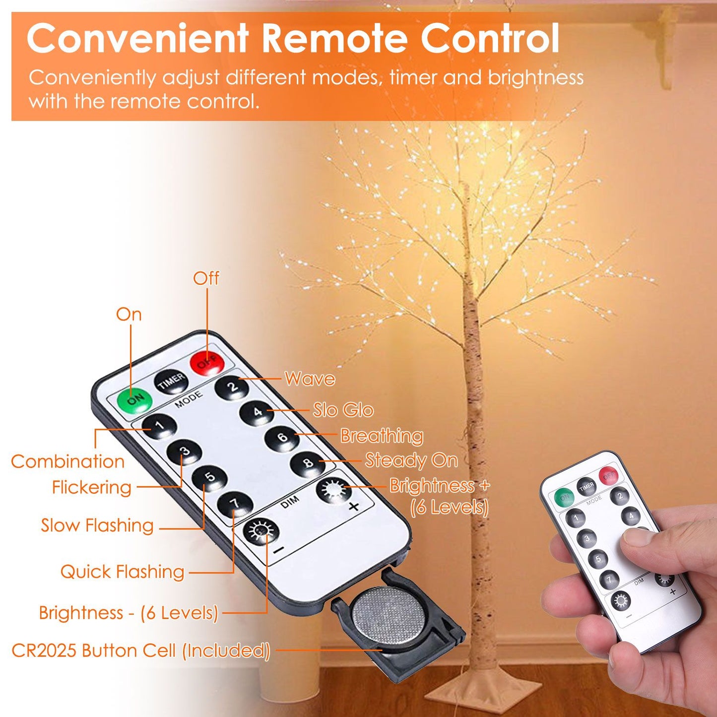 Lighted birch tree decoration with remote control for adjustable modes and brightness settings