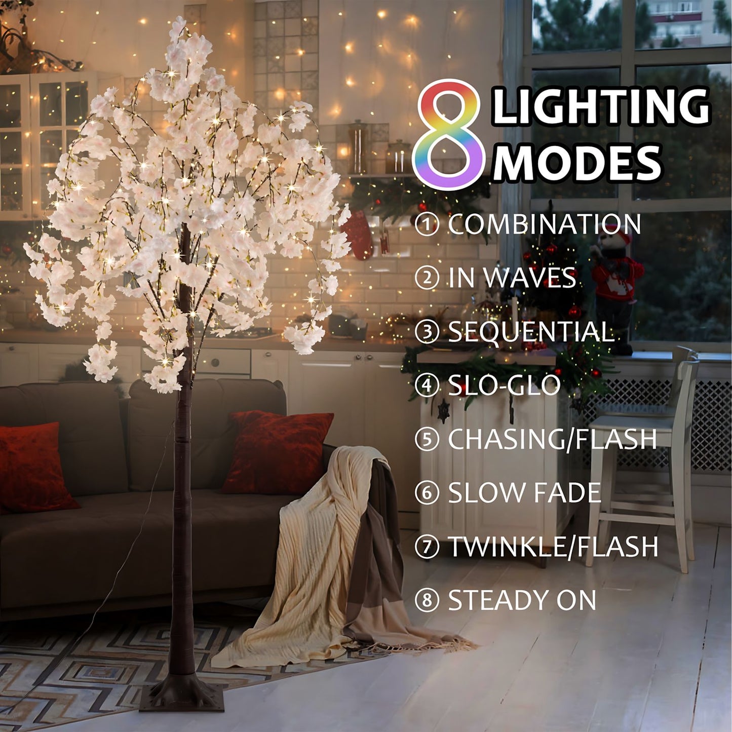Lighted cherry blossom tree decor with 8 lighting modes in a cozy living room setting