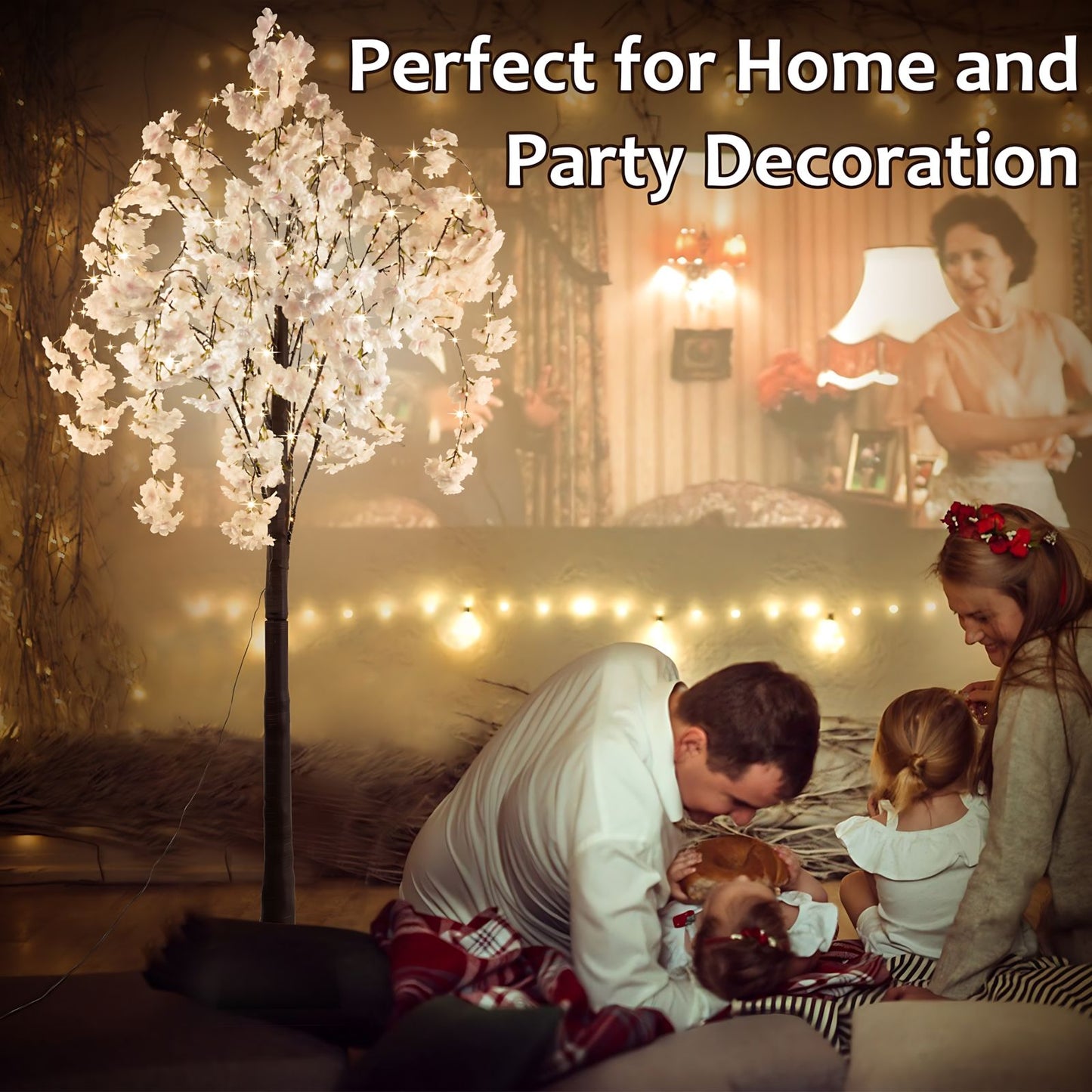Lighted cherry blossom tree decor glowing in cozy living room with family enjoying home and party setting