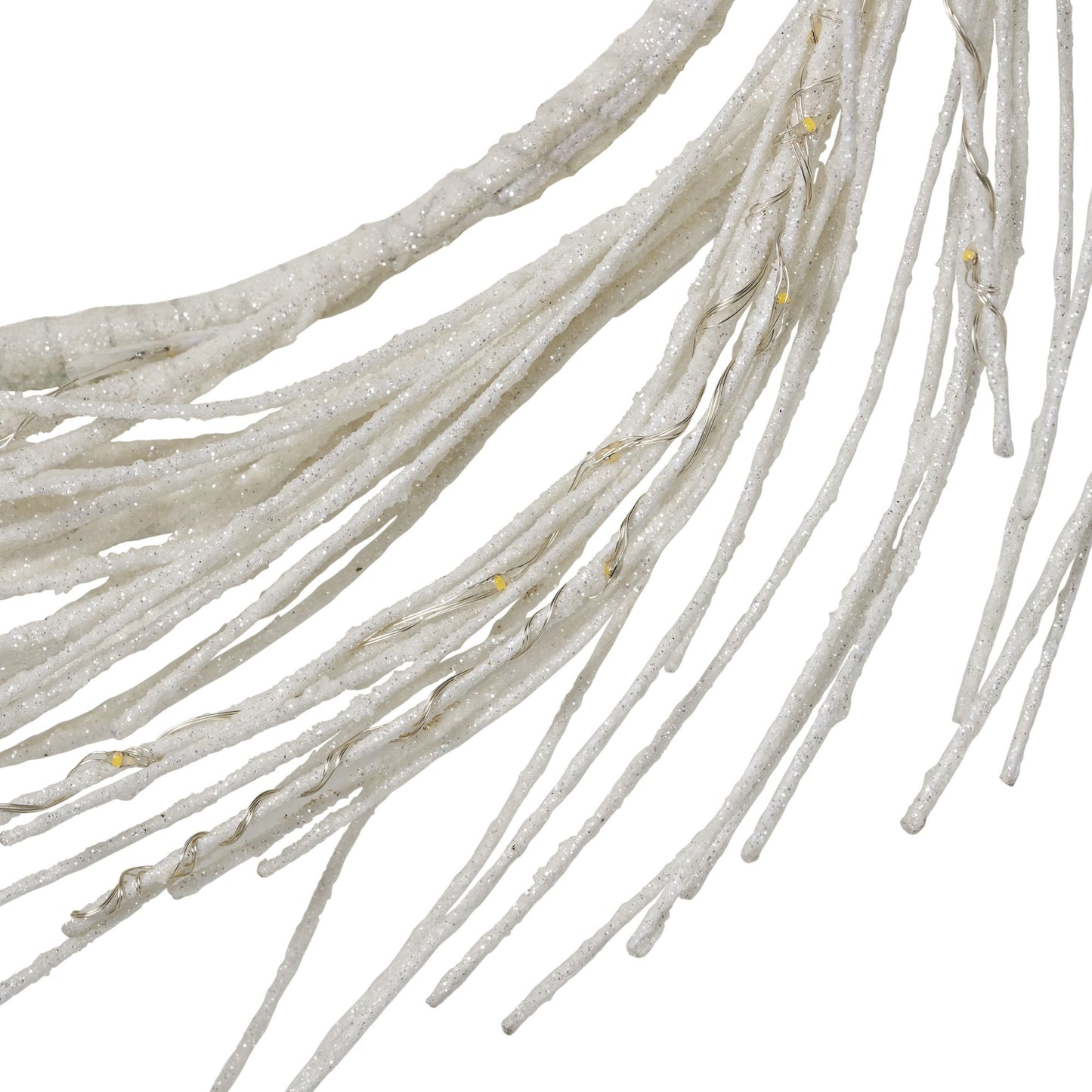 Close-up of FauxMart.com lighted paper wreath with white textured branches and small embedded lights