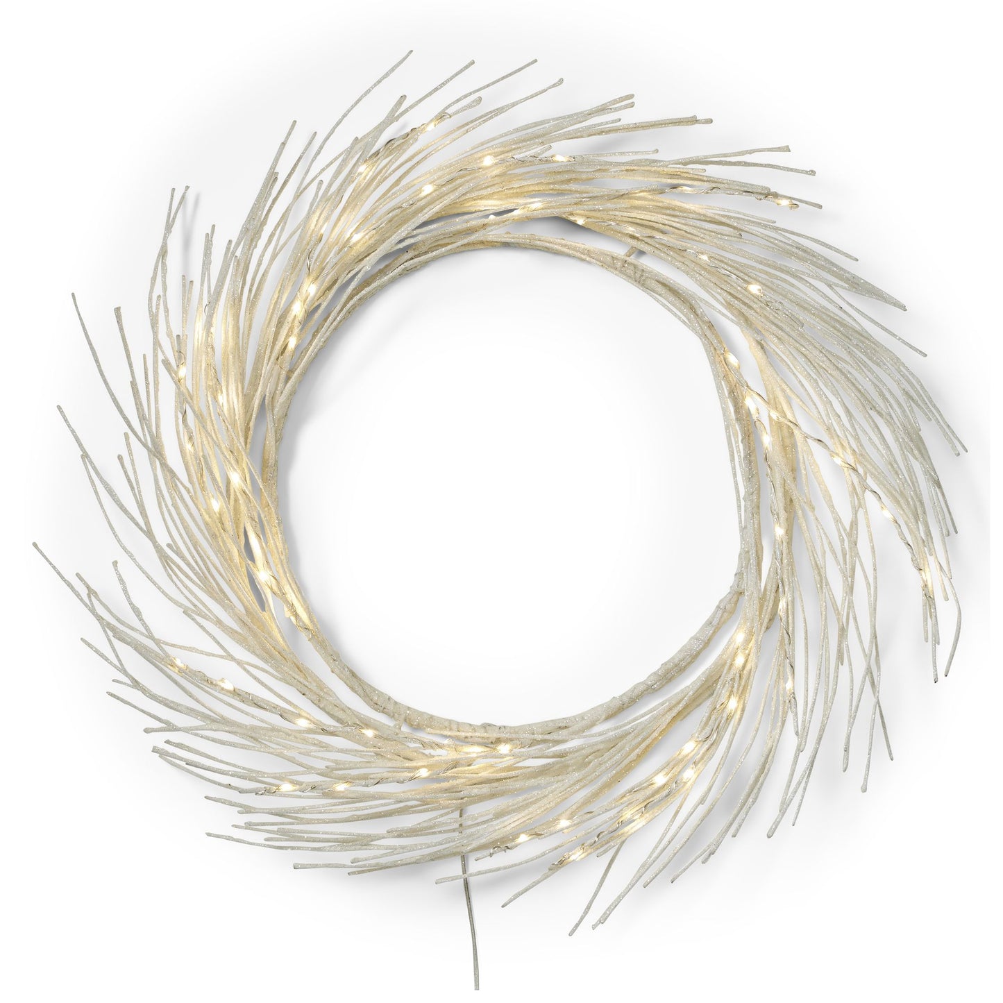 FauxMart.com lighted paper wreath with white twigs and warm white LED lights for home decor