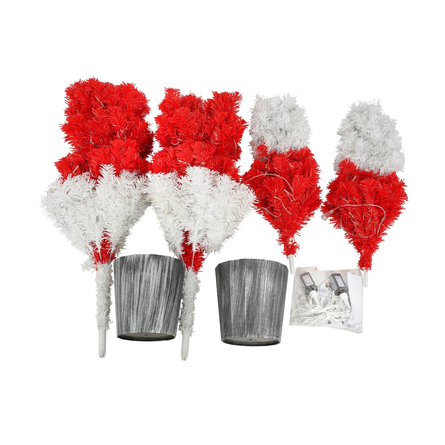 Lighted Santa hat Christmas tree decoration set with red and white branches and two gray pots