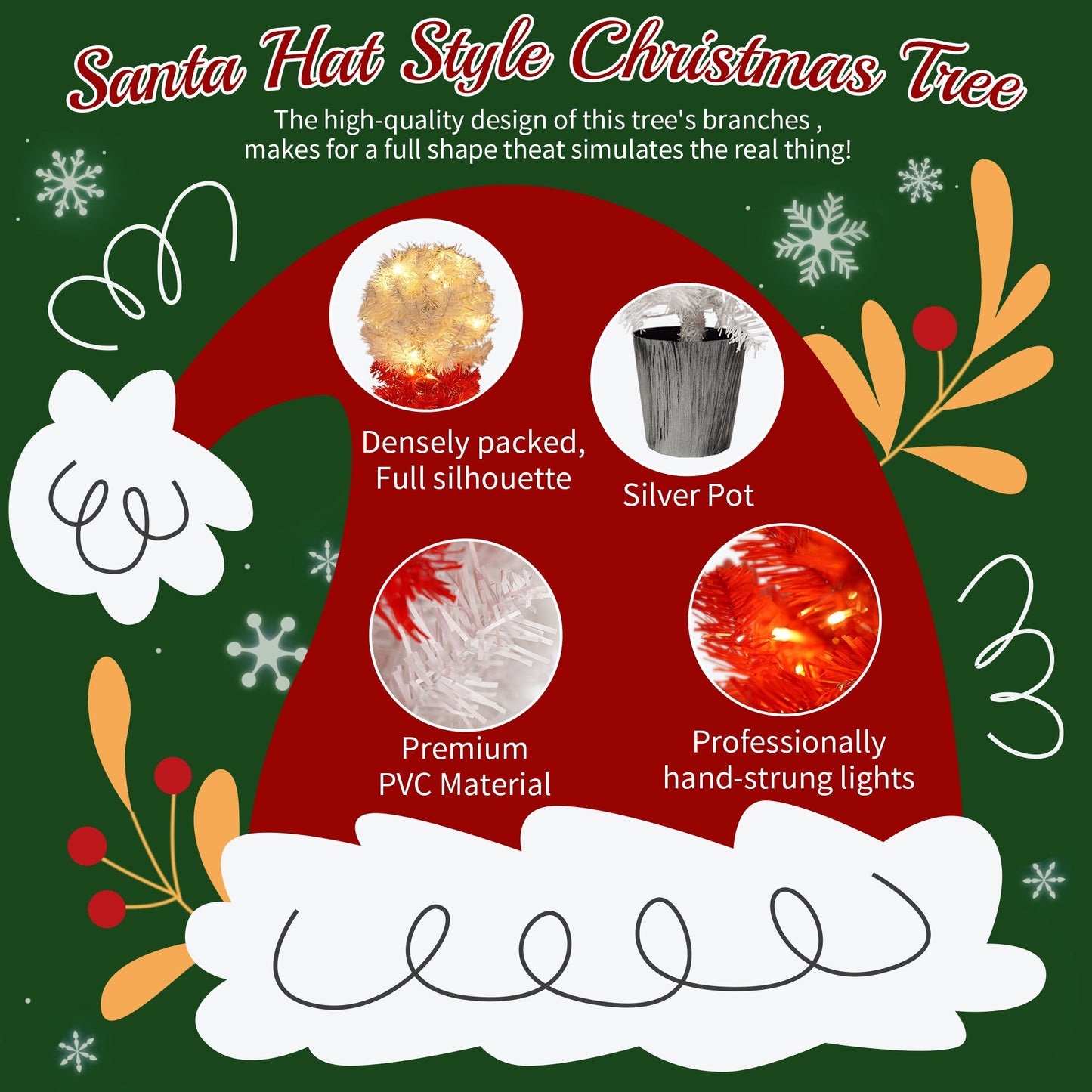 Santa hat style lighted santa hat christmas tree with densely packed branches and silver pot