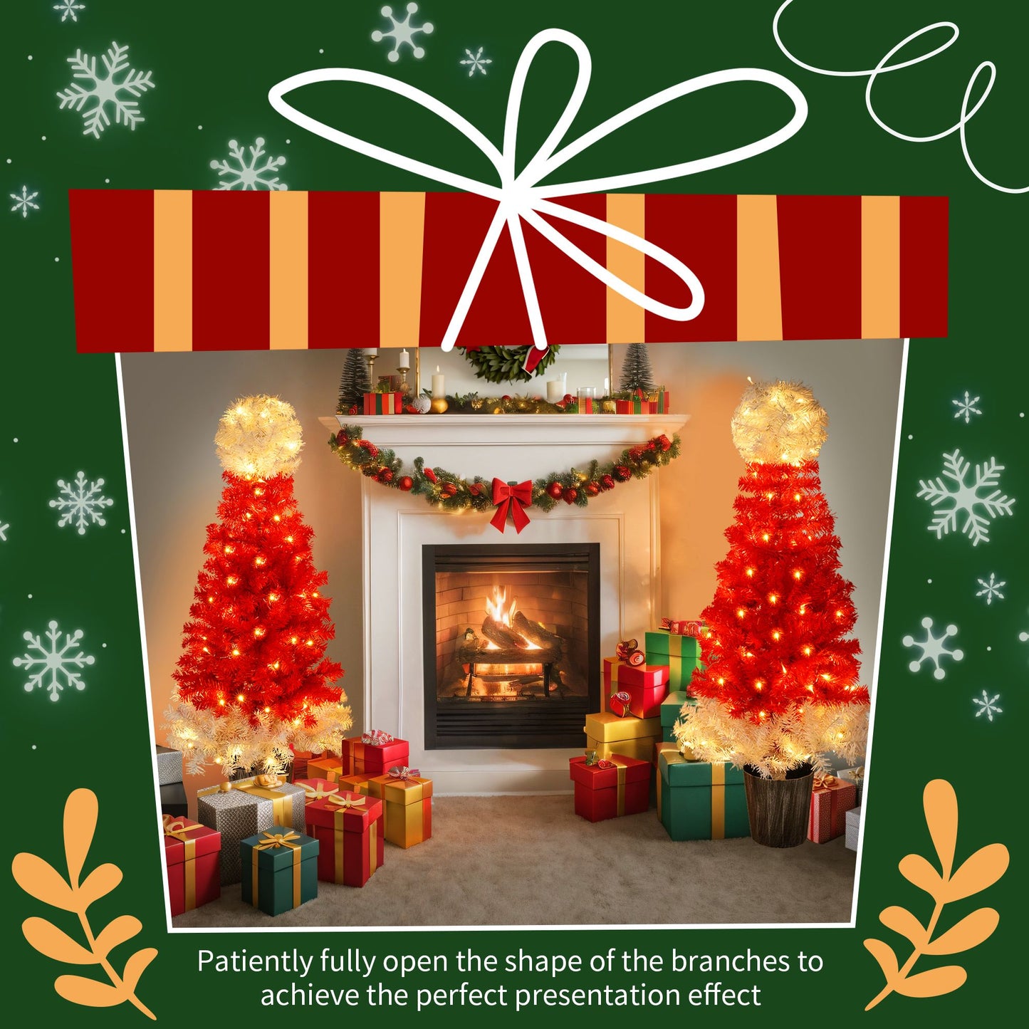 Lighted Santa hat Christmas tree decorations with red and white lights by a fireplace surrounded by wrapped gifts