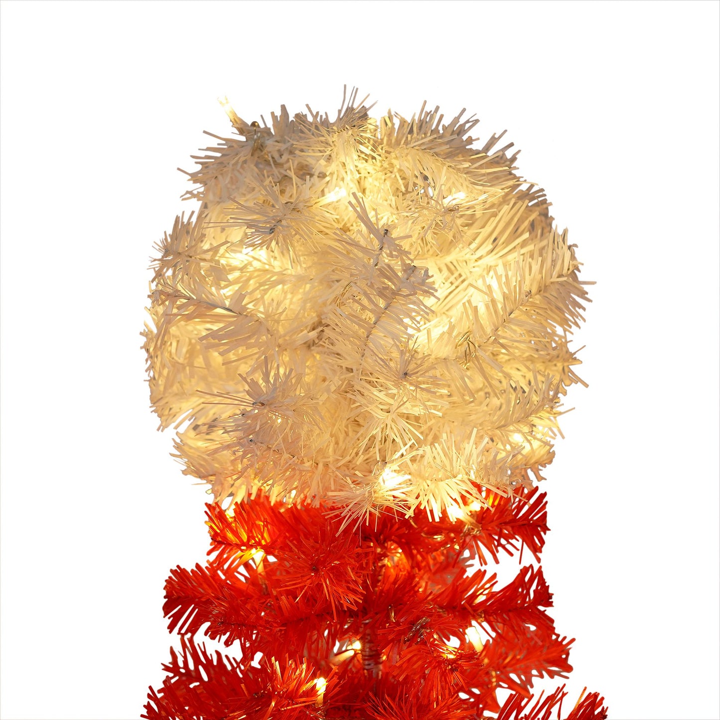 Lighted Santa hat Christmas tree topper with white and red branches illuminated by warm lights