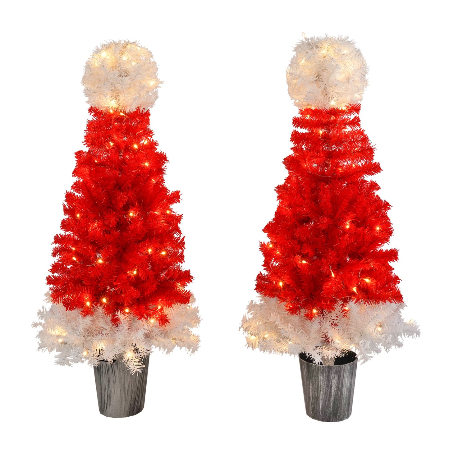 Red and white lighted santa hat christmas tree with warm white lights in a black pot