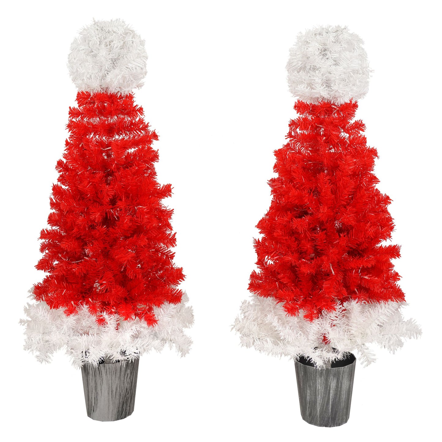 Red and white lighted santa hat christmas tree with fluffy white trim and pom pom in a gray pot