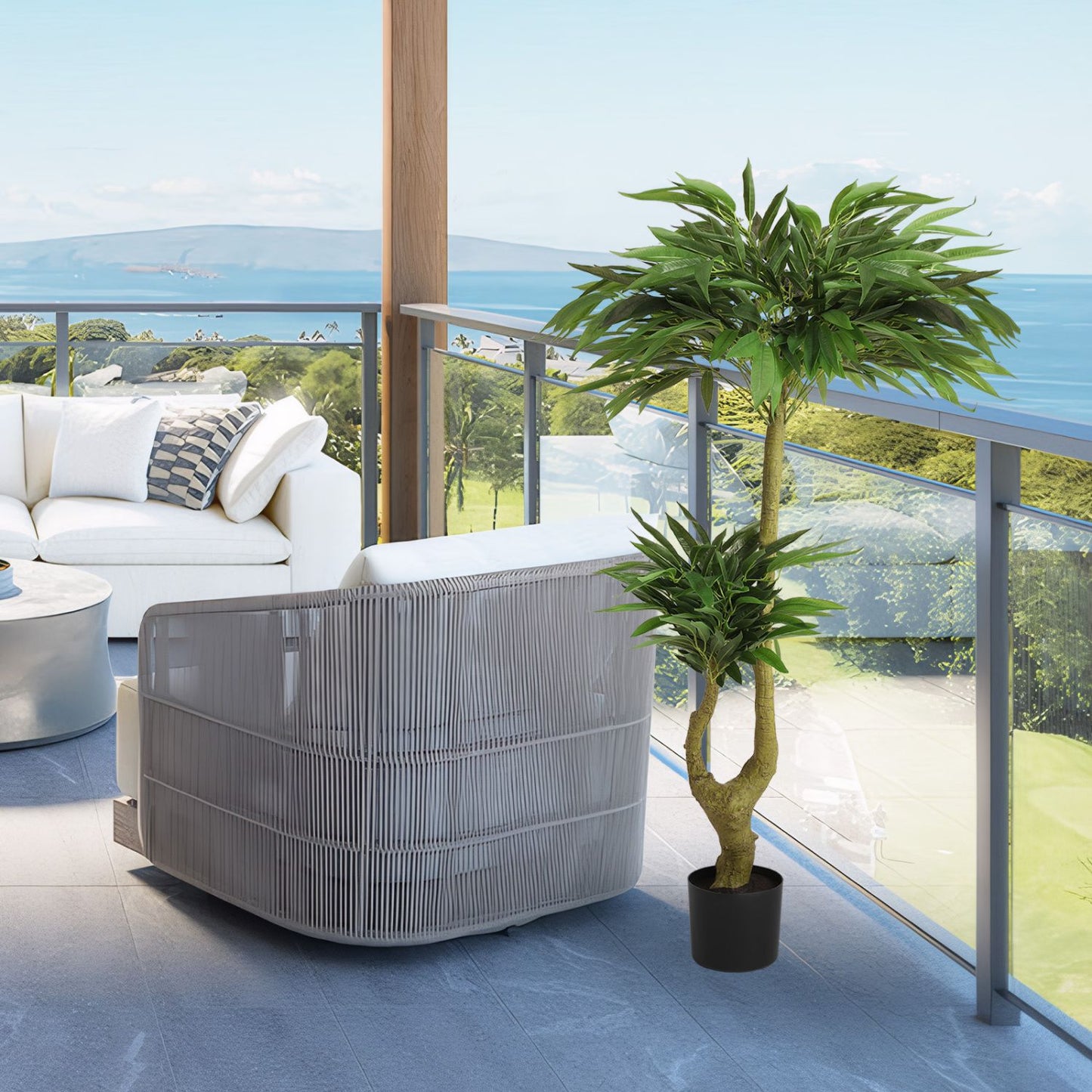 Beautiful long artificial plants for indoors in a stylish living room setting with coastal view
