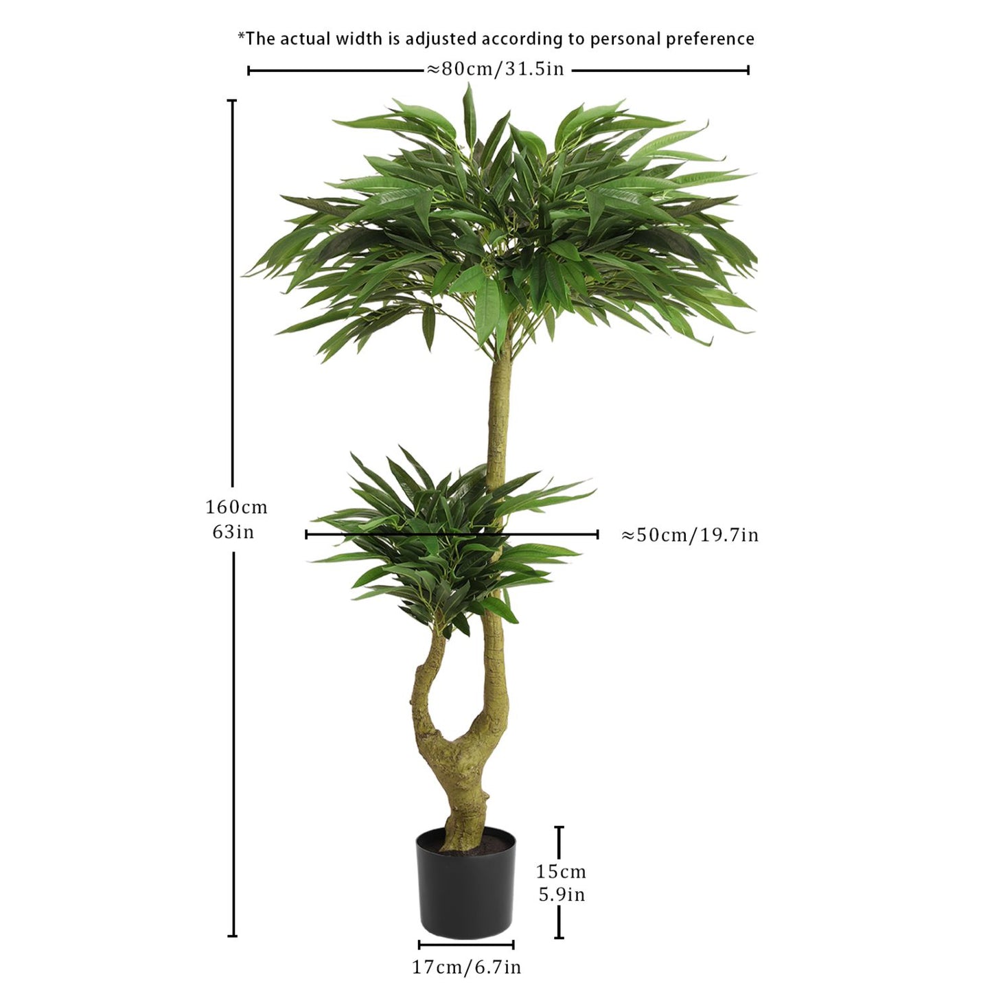 Long artificial plants for indoors featuring a lush leafy design and a realistic tree trunk in a black pot