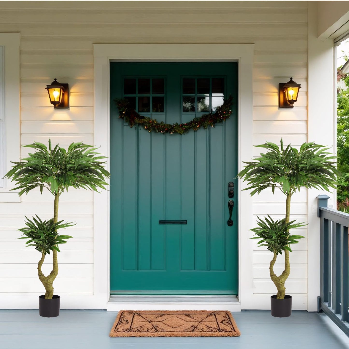Two tall faux palm trees in black pots, ideal long artificial plants for indoors, enhancing entryway decor