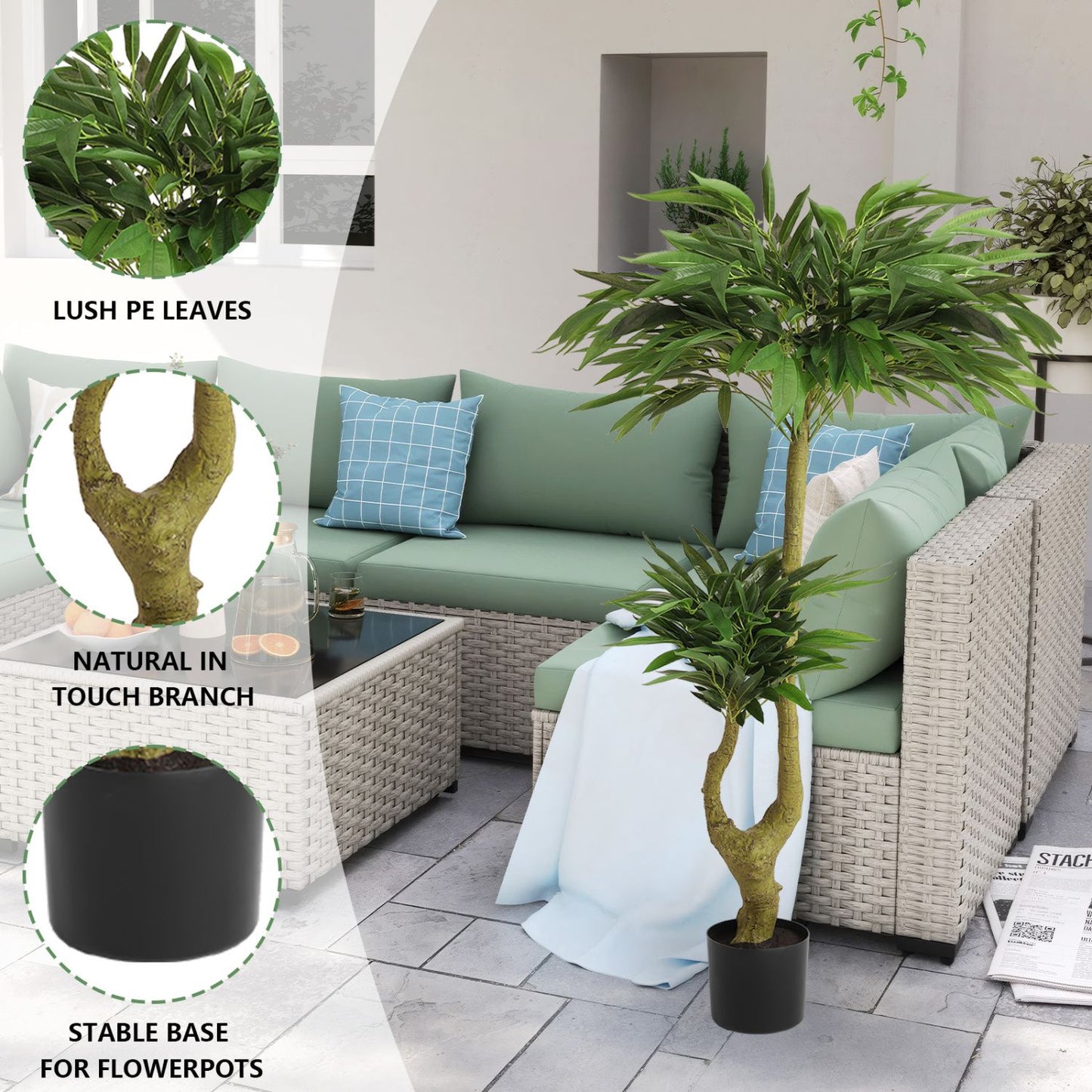 Lush long artificial plants for indoors with realistic leaves and stable base for flowerpots
