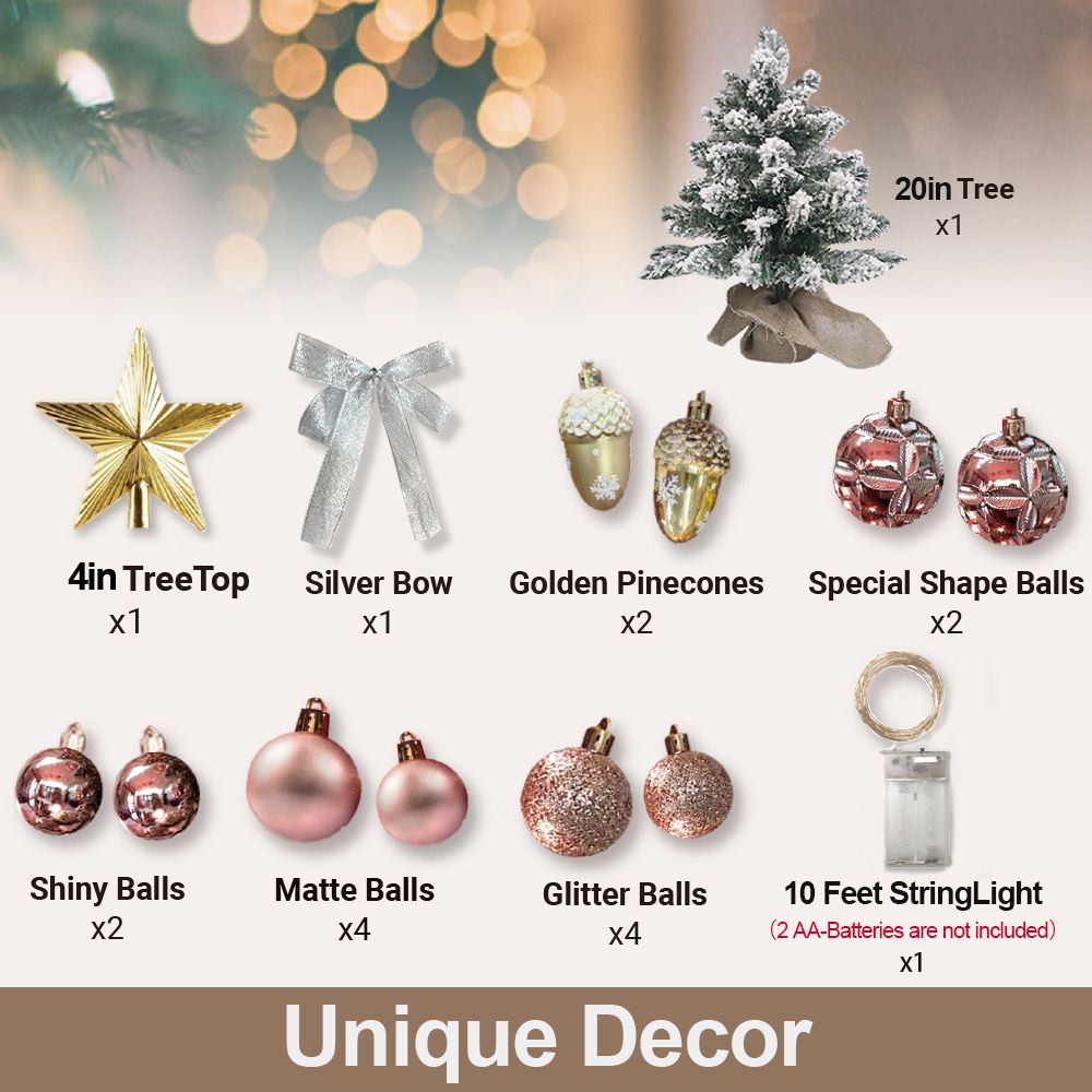 FauxMart mini tabletop Christmas tree with lights and decorative ornaments including star treetop, bows, pinecones, balls, and string lights