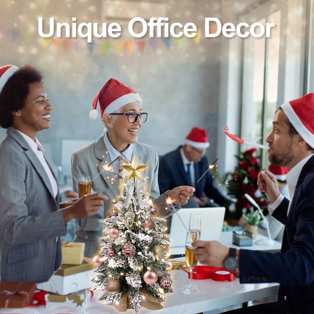 Mini tabletop Christmas tree with lights decorated for office holiday party at FauxMart.com
