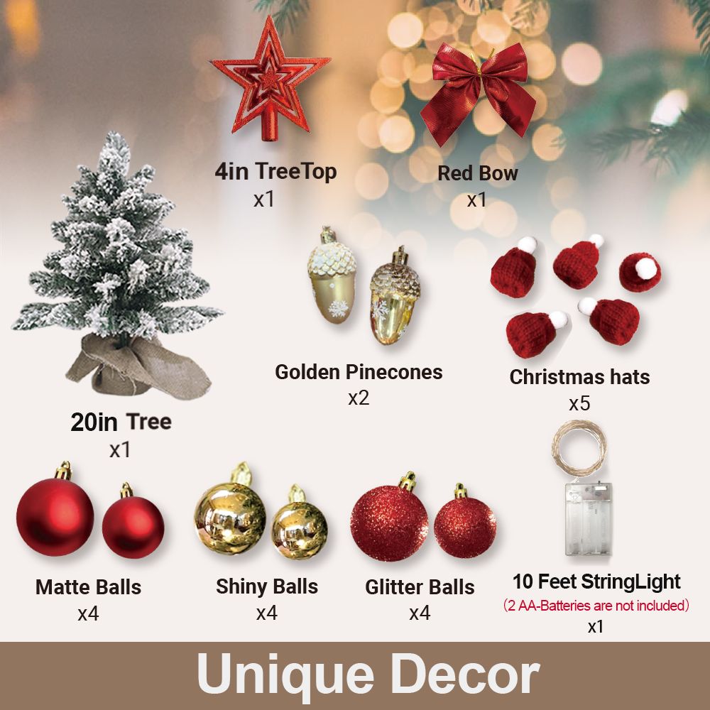 Mini tabletop Christmas tree with lights 20 inch frosted tree and various holiday ornaments set
