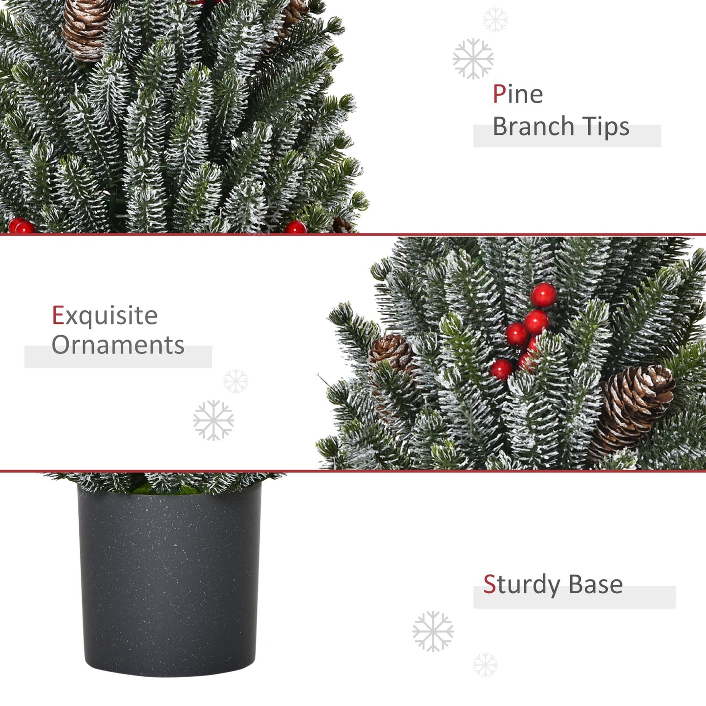 Miniature snow flocked Christmas tree featuring pine branch tips and red ornaments in a sturdy base