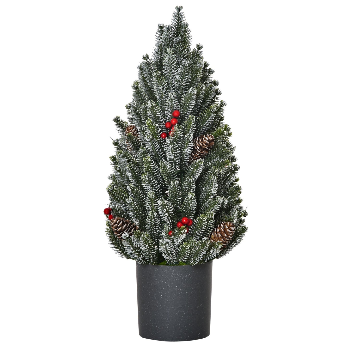 Miniature snow flocked Christmas tree with pinecones and red berries in a black pot for holiday decor