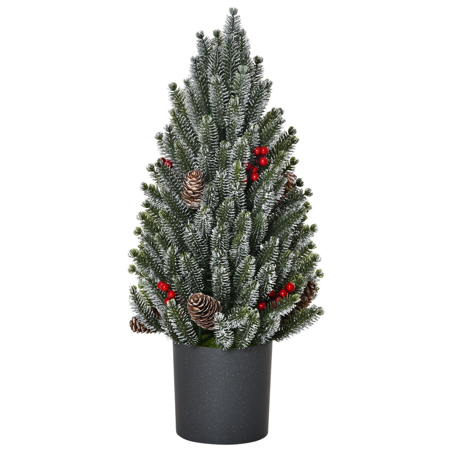 Miniature snow flocked Christmas tree adorned with pinecones and red berries in a black pot