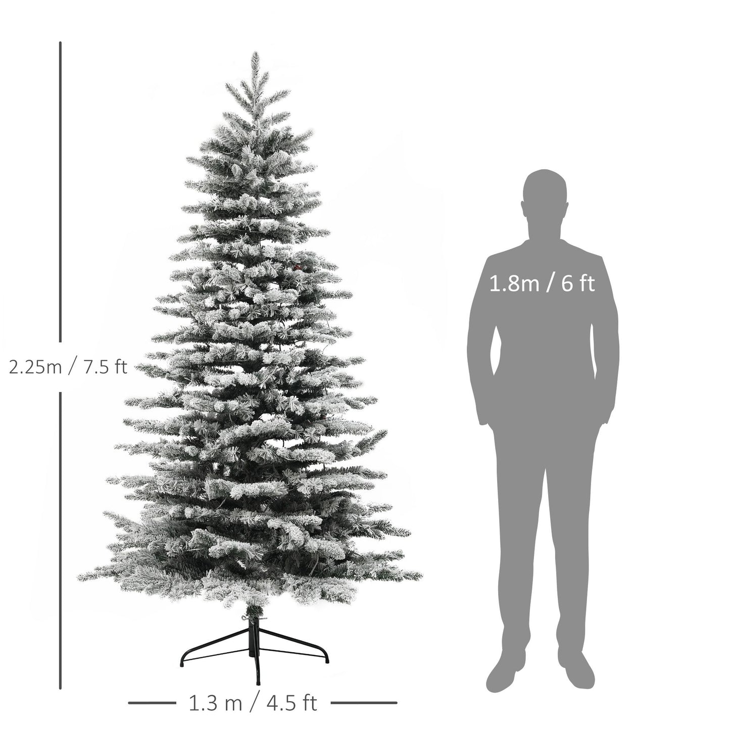 Mountain pine artificial Christmas tree 7.5 feet tall with snowy branches beside 6 feet human silhouette