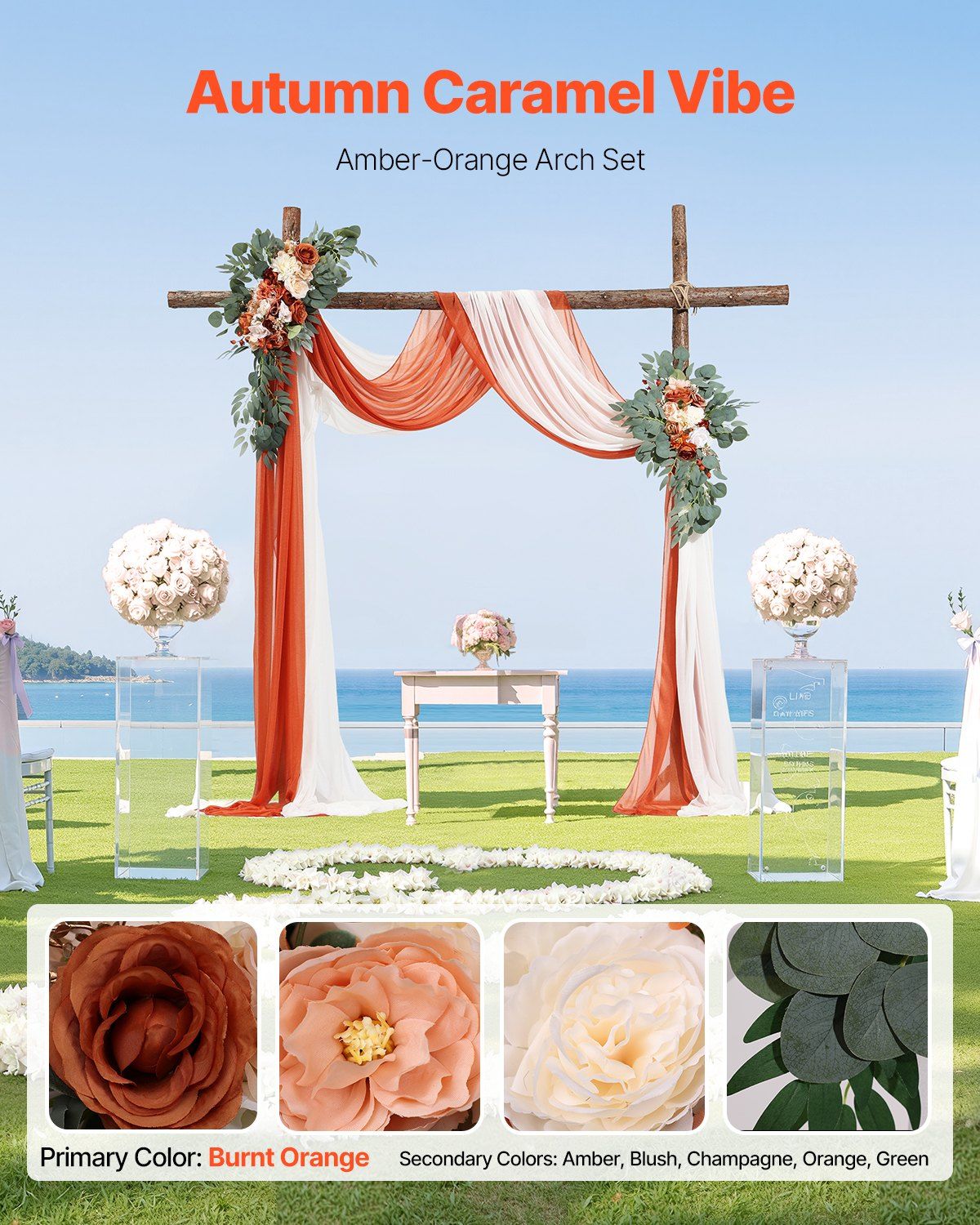 Burnt orange wedding arch flowers on amber-orange draped wooden arch at outdoor seaside wedding